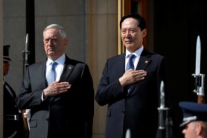 US Defense Secretary James Mattis and South Korean Defense Minister Song Young-Moo stand during a honor cordon at the Pentagon in Arlington, Virginia.