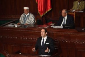 Tunisian Prime Minister Youssef Chahed addresses parliament in Tunis on July 20, 2017