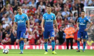 Mesut Özil, Granit Xhaka and Laurent Koscielny after Arsenal fell 4-0 down at Anfield – the latest in a series of horror shows in recent seasons. Arsenal
