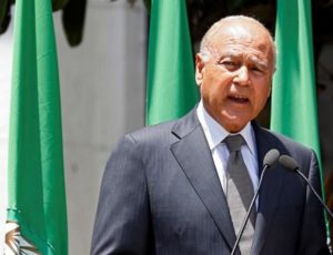 Secretary-General of the Arab League Ahmed Aboul Gheit speaks during a protest held in solidarity with Palestinian prisoners on hunger strike in Israeli jails, at the Arab League headquarters in Cairo