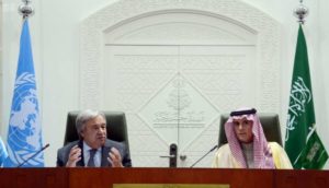 UN Secretary-General Antonio Guterres and Saudi Foreign Minister Adel al-Jubeir attend a joint news conference in Riyadh