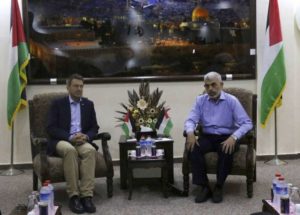 Peter Maurer, left, the president of the International Committee of the Red Cross (ICRC), and Yehya Sinwar, a top Hamas official, meet at Sinwar’s office in Gaza City, Tuesday, Sept. 5, 2017.