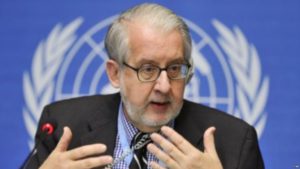 Chairperson of the Commission of Inquiry on Syria, Professor Paulo Pinheiro gestures during a press conference ahead of his mission on at the United Nations office in Geneva, September 30, 2011.