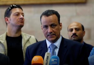 United Nations Special Envoy for Yemen, Ismail Ould Cheikh Ahmed, speaks to reporters upon his arrival at Sanaa airport on a visit to Sanaa