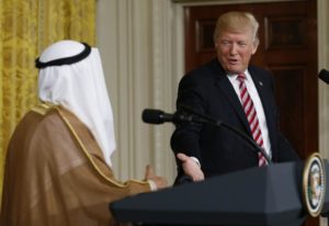 US President Trump greets Emir of Kuwait Sabah Al-Ahmad Al-Jaber Al-Sabah during a joint news conference at the White House in Washington