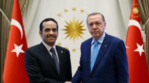 Turkey's President Recep Tayyip Erdogan with Qatar's Foreign Minister Sheikh Mohammed bin Abdulrahman Al Thani.