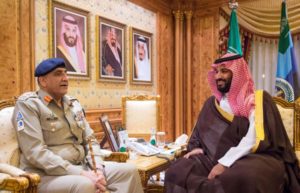 Saudi Crown Prince Mohammed bin Salman bin Abdulaziz Al Saud with Pakistani Army Commander Lieutenant General Javed Bajwa.