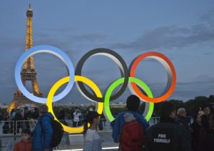 The Olympic rings are set up on Trocadero plaza that overlooks the Eiffel Tower, a day after the official announcement that the 2024 Summer Olympic Games will be in the French capital, in Paris, France, Thursday, Sept. 14, 2017.