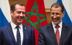 Morocco’s Prime Minister Saadeddine al-Othmani (R) meets his Russian counterpart Dmitri Medvedev in Rabat on October 11, 2017