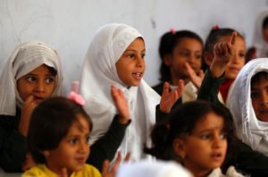 Yemeni students attend a class on the first day of the new school year in the capital Sanaa, on October 15, 2017