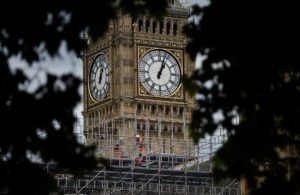 Construction work is carried out on the Elizabeth Tower, commonly known as Big Ben, in London