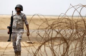 Saudi border guard patrols Saudi Arabia's maritime border with Yemen along beach on Red Sea, near Jizan