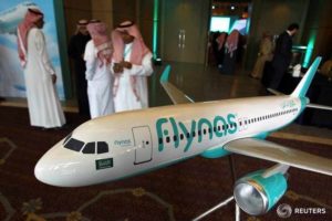 A model of Saudi airline Flynas is on display during a ceremony to sign a deal between Airbus and Flynas in Riyadh, Saudi Arabia January 16, 2017.